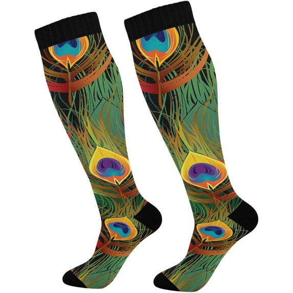 GZHJMY High Elasticity Compression Socks, High Knee Socks Adult Universal Leisure Relieve Fatigue,Peacock Feather 2 Travel Daily with Running (1 Pair)
