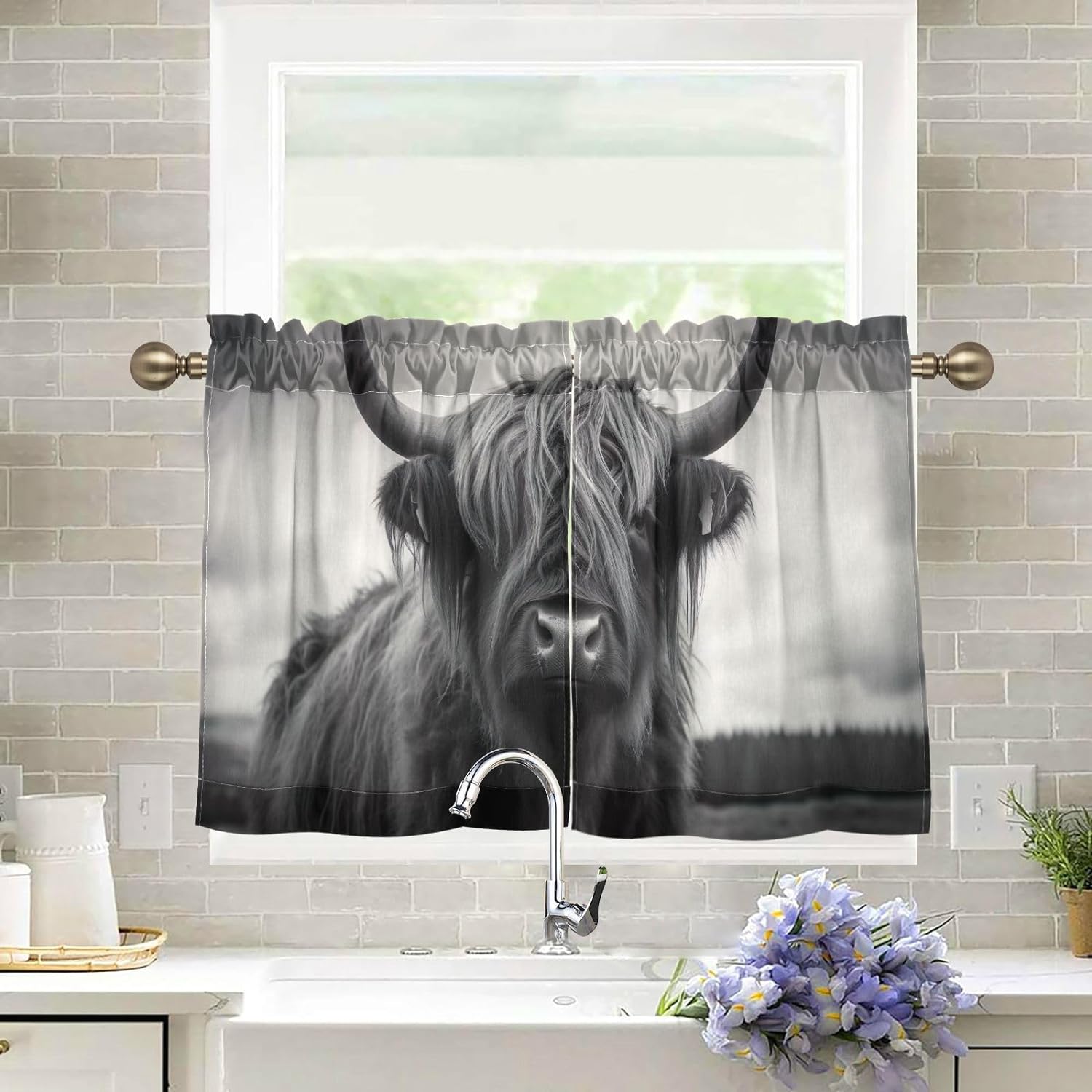 Brown & White Cowhide Print Blackout Thermal Curtains 36 Inch - Rod Pocket Insulating Drapes For Living Room & Bedroom