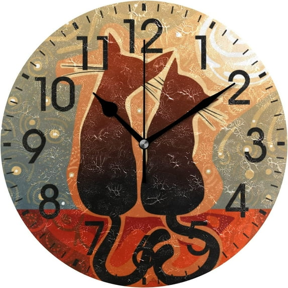 GZHJMY Home Decor Cats in Love Moon Night 9.5 inch Round Acrylic Wall Clock Non Ticking Silent Clock Art for Living Room Kitchen Bedroom