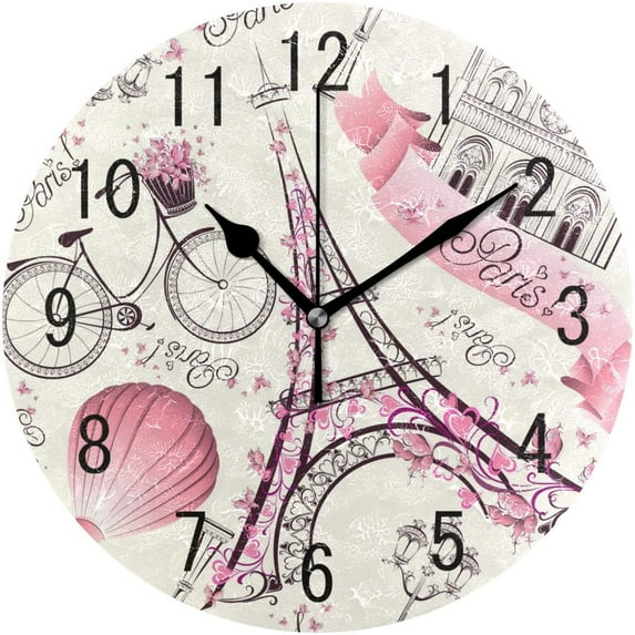 GZHJMY Home Decor Eiffel Tower Paris Bike Balloon Flower Round Acrylic 9.5 Inch Wall Clock Non Ticking Silent Clock Art for Living Room Kitchen Bedroom