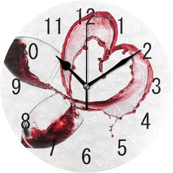 GZHJMY Home Decor Red Wine Heart White Round Acrylic 9.5 Inch Wall Clock Non Ticking Silent Clock Art for Living Room Kitchen Bedroom