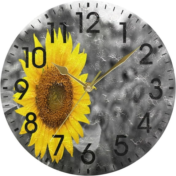 GZHJMY Home Decor Sunflower Landscape Nature 9.5 inch Round PVC Acrylic Wall Clock Non Ticking Silent Clock Art for Living Room Kitchen Bedroom(Gold Pointer)
