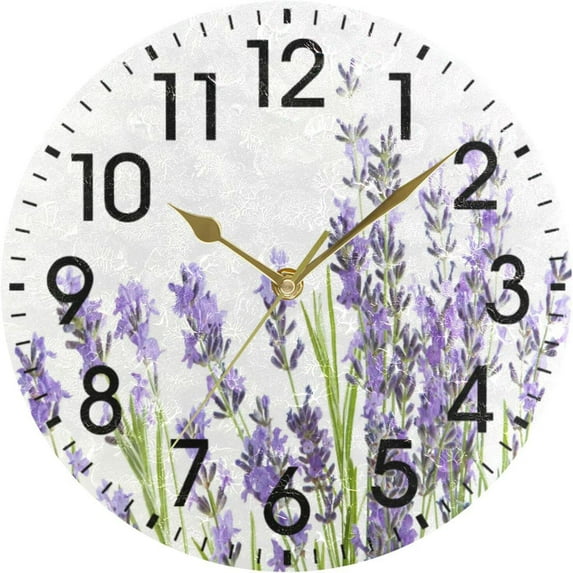 GZHJMY Home Decor Watercolor Lavender Flower Floral 9.5 inch Round PVC Acrylic Wall Clock Non Ticking Silent Clock Art for Living Room Kitchen Bedroom(Gold Pointer)