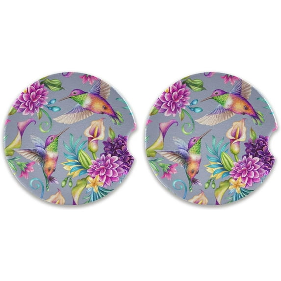 GZHJMY Hummingbird On Purple Flowers car Coaster 2 Pieces, Absorbent Ceramic Cork Base car Coaster, Cold Drink Coaster, Keep The Cup Holder Dry, with Finger notches, Easy to Remove and Clean