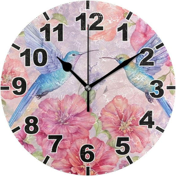 GZHJMY Hummingbirds and Flowers Round Wall Clock, Battery Operated Silent Non Ticking Desk Clock for Home Bedroom Kitchen Office School Decor Wall Clock 9.9 Inch