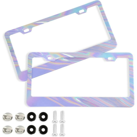 GZHJMY Iridescent License Plate Frames 2PCS Car License Plate Holder with Screw Parts Cover Set Automotive Car Accessories Decor for Universal US Vehicles