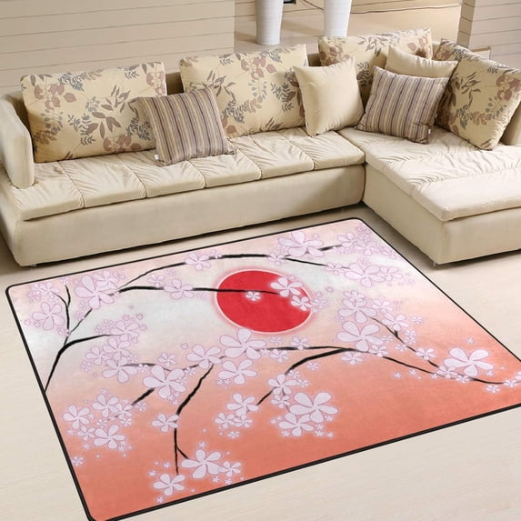 GZHJMY Japanese Cherry Blossom Flower Sun Area Rug Living Room Rugs - 5'3" x4 Abstract Large Soft Indoor Washable Rug Low Pile Carpet for Bedroom Dining Room Office Carpet Runner