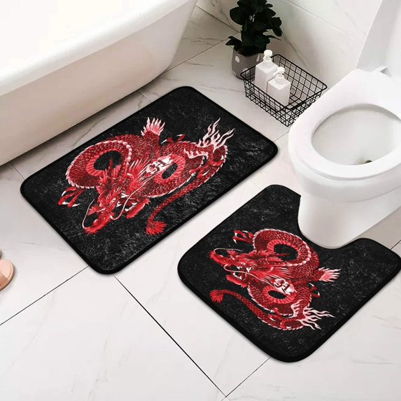 GZHJMY Japanese Red Dragon Black Bathroom Rugs Set 2 Piece Non Slip Absorbent 15.7" x 23.6" Shower Bath Rug Mat and 20" x 20" U-Shaped Contour Toilet Rug Carpet Runner