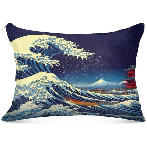 GZHJMY Japanese Style Waves Body Pillow Cover with Zipper, Soft and Cozy Fuzzy Fleece Body Pillow Case Cover 21 x 54 in,Plush Long Body Pillow Pillowcase Home Decor