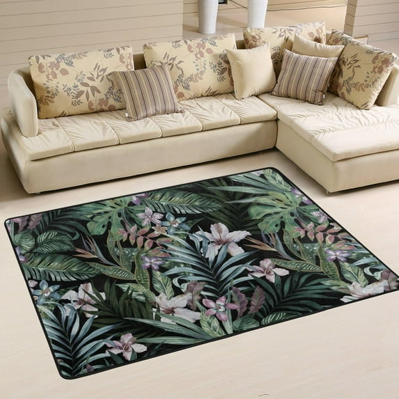 GZHJMY Jungle Leaves Area Rug 4'x6', Tropical Floral Print Polyester Area Rug Mat for Living Dining Dorm Room Bedroom Home Decorative