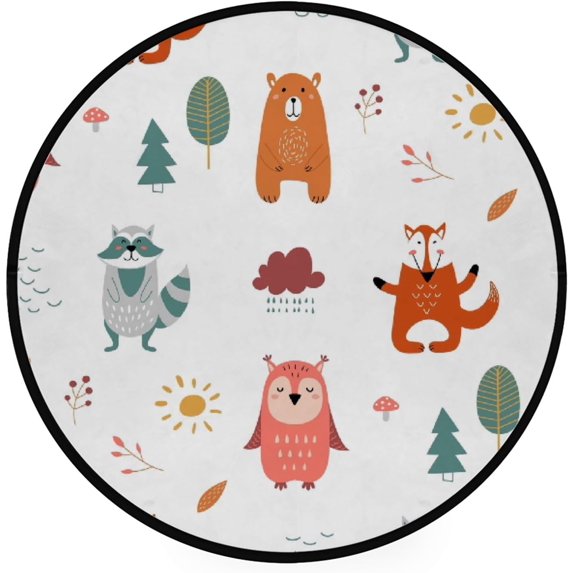 GZHJMY Kids Round Nursery Area Rug 4 ft Cute Wild Animal Woodland Washable Non-Slip Small Round Area Rug Throw Soft Cute Nursery Rug Lightweight Bathroom Rug for Dorm Kids Room Carpet Runner