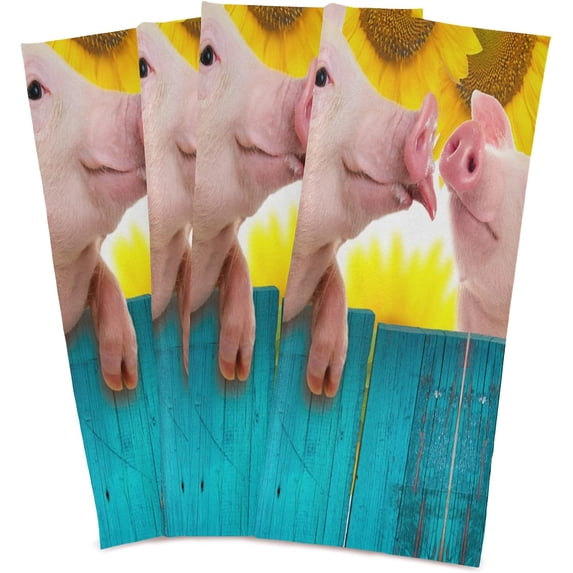 GZHJMY Kitchen Dish Towels, Funny Pig with Sunflowers Kitchen Towels Set of 4 Super Soft Absorbent Dish Towels Set Microfiber Polyester Kitchen Decorative Tea Towels, 28x18 Inch Washcloths
