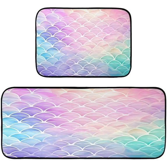 GZHJMY Kitchen Rug Set of 2, Rainbow Mermaid Scale Cushioned Anti-Fatigue Kitchen Mat Non Slip Washable Floor Mat Comfort Standing Mats for Office, Home, Laundry Room Carpet Runner