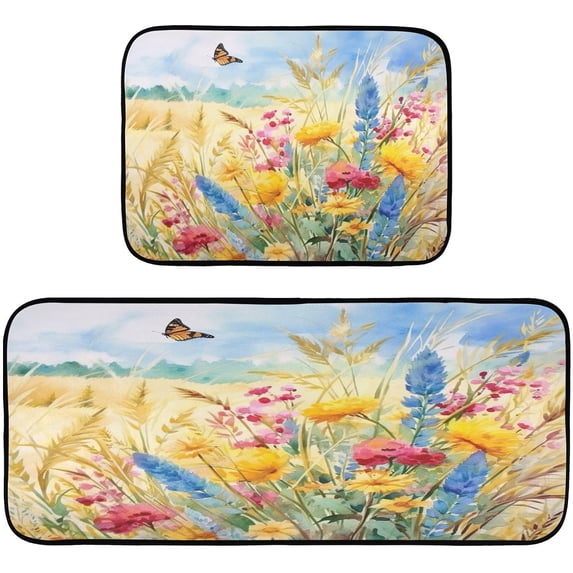 GZHJMY Kitchen Rugs 2 Piece Waterproof Non Slip Kitchen Mat Flowers and Butterfly Kitchen Rug Set for Sink Office Kitchen Cafe, 19.7"x47.2"+19.7"x27.6" Carpet Runner