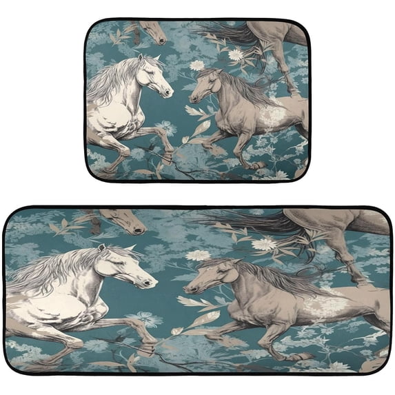 GZHJMY Kitchen Rugs 2 Piece Waterproof Non Slip Kitchen Mat Horses and Flowers Kitchen Rug Set for Sink Office Kitchen Cafe, 19.7"x47.2"+19.7"x27.6" Carpet Runner
