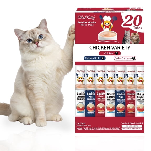 Chef Kitty Lickable Cat Treats, Creamy Puree Squeeze Up Tubes, Chicken Variety Wet Cat Treats, 20 Count