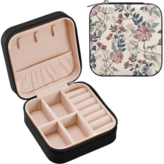 GZHJMY Leather Jewelry Box Flowers Leaves Beige Portable Mini Jewelry Storage Bag for Travel, Small Ring Case Earrings Organizer Necklaces Box for Women Girls