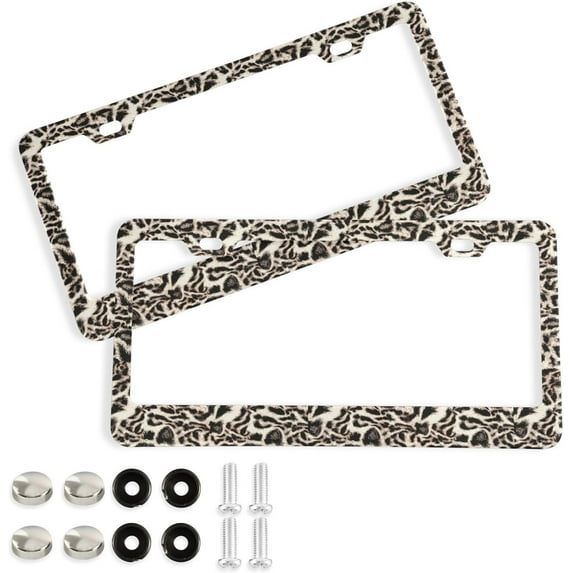 GZHJMY Leopard Print Animal Cheetah License Plate Frames for Women Men 2 Pcs Personalized Car License Plate Holder with Screw Caps, Round Hole Decorative