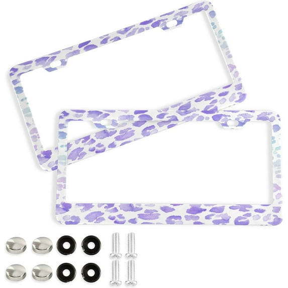 GZHJMY Leopard Print License Plate Frame 2 Pack 2 Holes Car Aluminum License Plate Holder Automotive Parts Decoration Universal with Screw Caps Cover