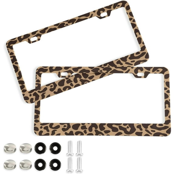 GZHJMY Leopard Print License Plate Frames Set of 2, Universal Aluminum License Plate Holders 2 Holes Car Tag Frames Automotive Exterior Accessories with Screw Caps Decorative