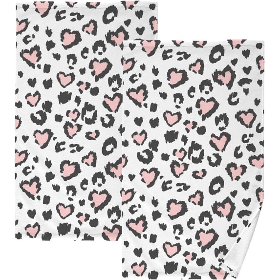 GZHJMY Leopard Print Pink Heart Cotton Towels Set 2 Pcs Absorbent Hand Towel Face Towels Kitchen Towels Bath Towels for Bathroom Laundry Room Kitchen 16 x 28 Inches