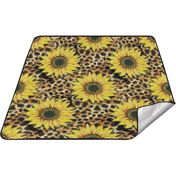 GZHJMY Leopard Sunflower Large Picnic & Outdoor Beach Blanket, Waterproof Foldable Sandproof 3-Layer Picnic Mat for Camping,Hiking,Travel,Park,Concerts,78"X 78"