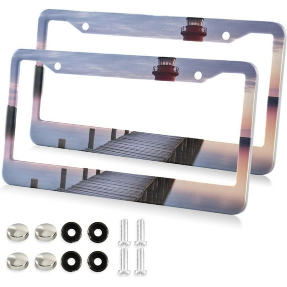 GZHJMY Lighted Lighthouse License Plate Frames 2 Pack Aluminum License Plate Holder Universal Car License Plate Covers with Screw Caps Decorative