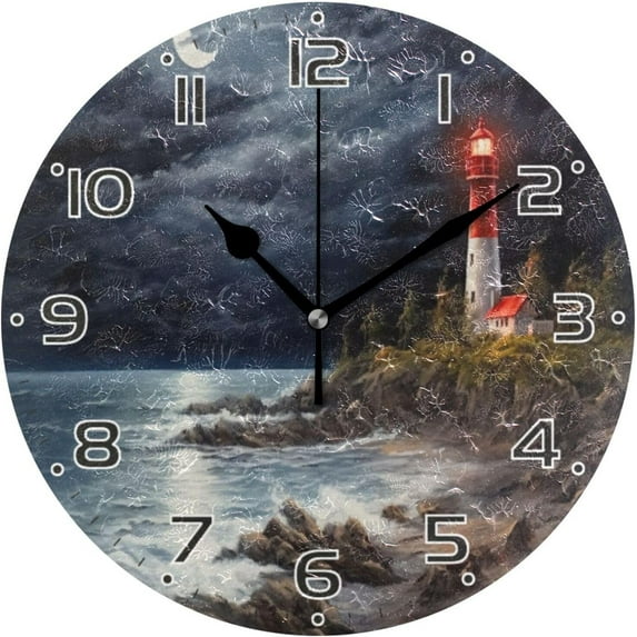 GZHJMY Lighthouse at Night Clock Silent Round Wall Clock Non Ticking Battery Device Clocks Creative Decoration Wall Clock for Living Room Bedroom Office Kitchen