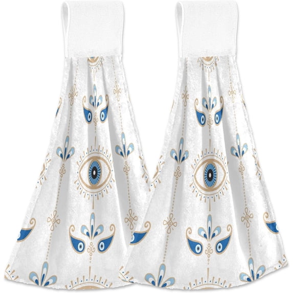 GZHJMY Magic Evil Eye Hanging Tie Towels Set of 2, Soft Absorbent Kitchen Hand Towels with Hanging Loops for Kitchen Bathroom Farmhouse Home Decor, 18.2 x 14 Inch Wash Cloths