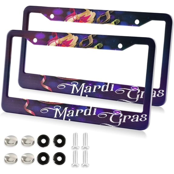 GZHJMY Mardi Gras License Plate Frames, License Plate Covers, 2 Packs Universal Aluminum Tag Frame with 2 Holes & Screw Caps for Front and Rear Car Tags, Round Hole Decorative