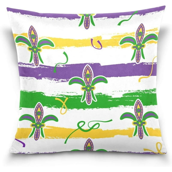 GZHJMY Mardi Gras Throw Pillow Covers Fleur De Lis Watercolor Sofa Carnival Party Decor Pillowcase Back Cushion Cover Fat Tuesday 20" × 20"