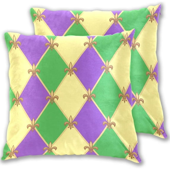 GZHJMY Mardi Gras Throw Pillow Covers Fleur De Lis Zigzag Purple Green Pillowcase Sofa Carnival Party Decor Back Cushion Case 2 Pack Fat Tuesday Gift 18" × 18"