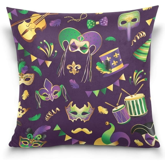 GZHJMY Mardi Gras Throw Pillow Covers Mardi Gras Masquerade Party Sofa Carnival Party Decor Pillowcase Back Cushion Cover Fat Tuesday 16" × 16"