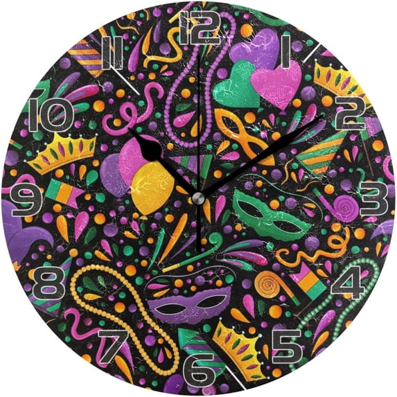 GZHJMY Mardi Gras Wall Clock, Silent Non Ticking Battery Operated Round PVC Clock for Kitchen Office School Home Decorative