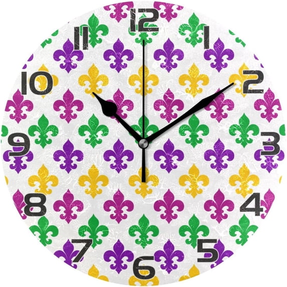 GZHJMY Mardi Gras Wall Clock, Silent Non Ticking Battery Operated Round Clock for Kitchen Office School Home Decorative