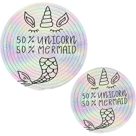 GZHJMY Mermaid Unicorn Quote on Pink Fish Scale Shiny Sparkle Pot Holders Trivets Set of 2 Round Cotton Thread Weave Potholders for Kitchens Hot Pads Table Mats Coasters for Hot Dishes