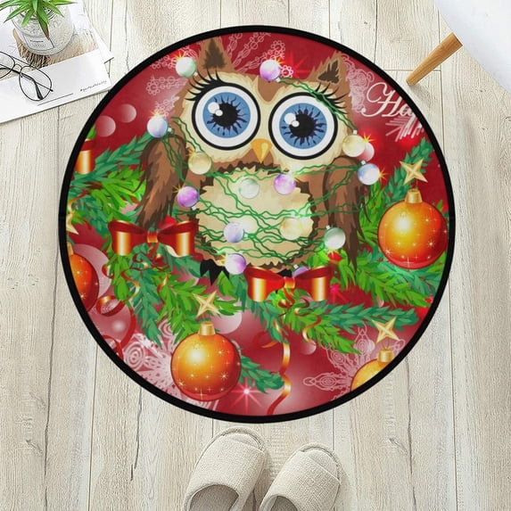 GZHJMY Merry Christmas Anti Fatigue Round Area Rug Christmas Owl Non Slip Absorbent Comfort Round Rug Floor Carpet Yoga Mat for Entryway Living Room Bedroom Sofa Home Decor (3' in Diameter)