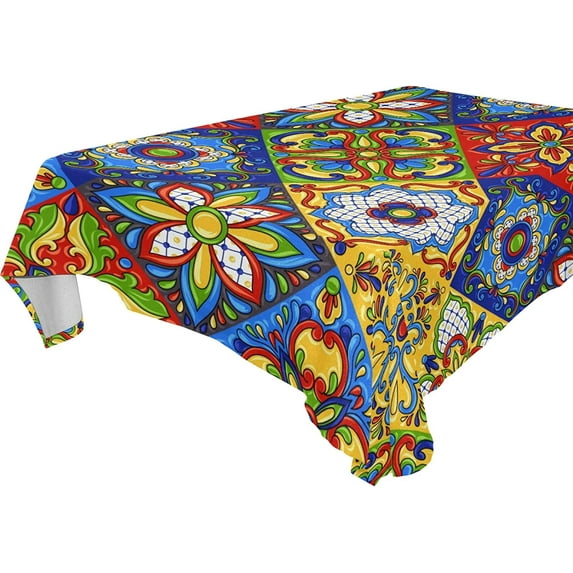GZHJMY Mexican Talavera Ceramic Tile Rectangle Tablecloth, Dust Proof Anti Wrinkle Wipeable Table Cloth Tabletop for of Dinner Kitchen Wedding Holiday Party 54"x72" Home Decor