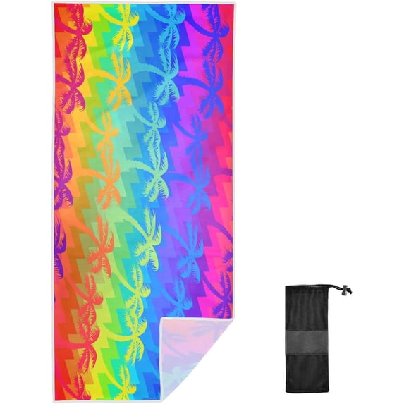GZHJMY Microfiber Beach Towel,Rainbow Palm Trees Super Absorbent Sport Towel with Pouch,Quick Dry Pool Towels Pool Blanket for Swimming,Picnic,Yoga Gym 31×71in Bath Towels