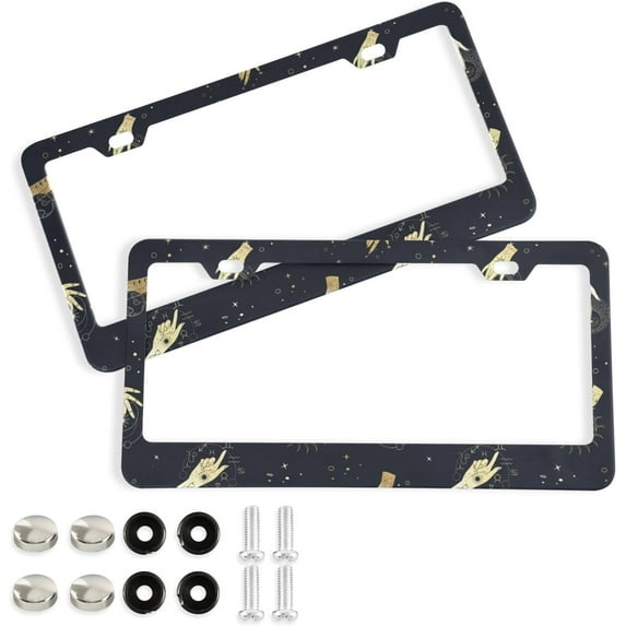 GZHJMY Moon Sun Stars Alchemy Witchy License Plate Frames for Women Men 2 pcs Personalized Car License Plate Holder with Screw Caps, Elliptical Hole Decorative