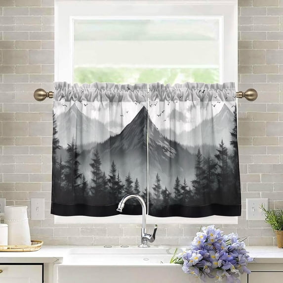 GZHJMY Mountain Half Window Tier Curtains 24 Inch Blackout Thermal Insulating Kitchen Linen Tier Curtains for Kitchen,Bathroom,Cafe