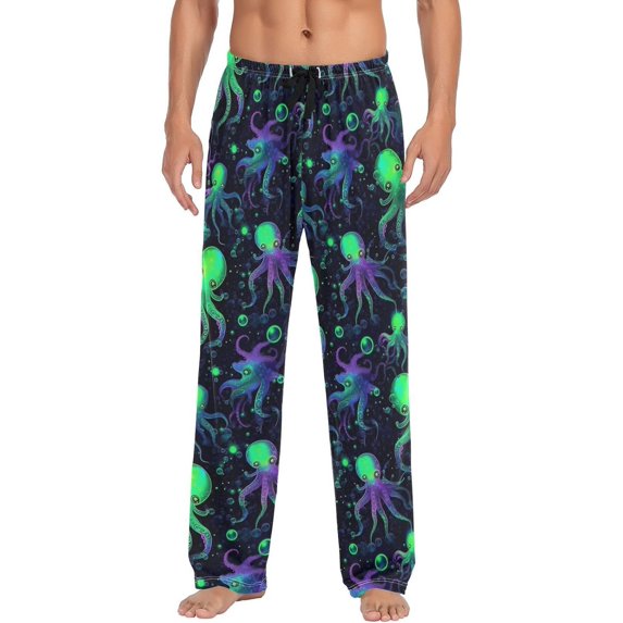 GZHJMY Neon Green Octopuses Men's Pajama Pants, Loose Lightweight PJs Lounge Sleep Bottoms with Pockets Drawstring, Pajama Bottoms for Home and Rest, Small