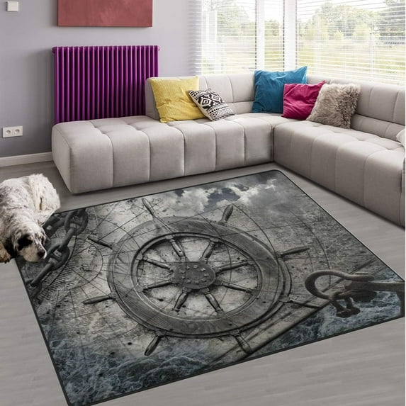 GZHJMY Ocean Area Rug 4'x5', Steering Wheel Charts Anchor Chains Polyester Area Rug Mat for Living Dining Dorm Room Bedroom Home Decorative