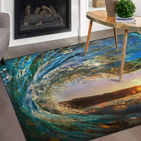 GZHJMY Ocean Beach Theme Non Slip Area Rug for Living Dinning Room Bedroom Kitchen, 4' x 5'(48 x 63 Inches), Ocean Wave Nursery Rug Floor Carpet Yoga Mat
