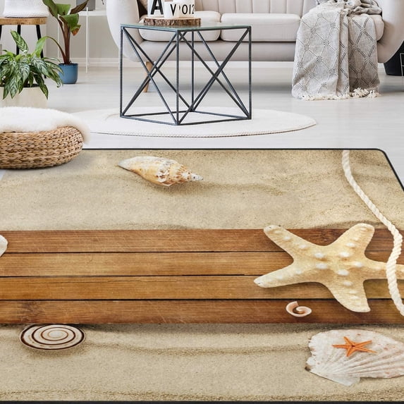 GZHJMY Ocean Sandy Beach Area Rug 3'x5', Starfish on Wood Polyester Area Rug Mat for Living Dining Dorm Room Bedroom Home Decorative
