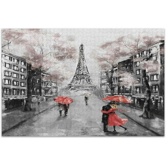 GZHJMY Oil Painting Eiffel Paris with Couple 1000 Piece Jigsaw Puzzle, Wall Artwork Puzzle Games for Adults Teens 29.5" L X 19.7" W DIY Games Gifts