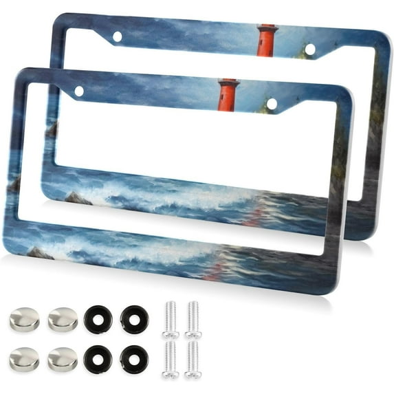 GZHJMY Oil Painting Lighthouse License Plate Frames 2 Pack Aluminum License Plate Holder Universal Car License Plate Covers with Screw Caps Decorative