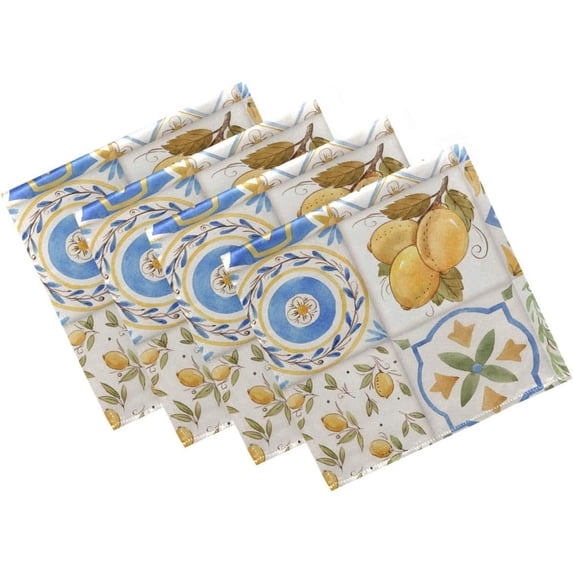 GZHJMY Ornament Square Lemons Sicily Retro Pattern Cloth Napkins, Set of 4 20 x 20 Inch Soft & Comfortable Polyester Dinner Napkin for Family, Restaurant, Weddings, Parties