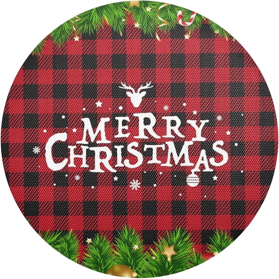 GZHJMY PVC Placemats 4PCS Merry Christmas Pine Tree Branch Red and Black Plaid Round Washable Anti-Skid Polyester Place Mats for Family Gathering, BBQ, Hotel Dinner Decoration 15.4in Table Mat