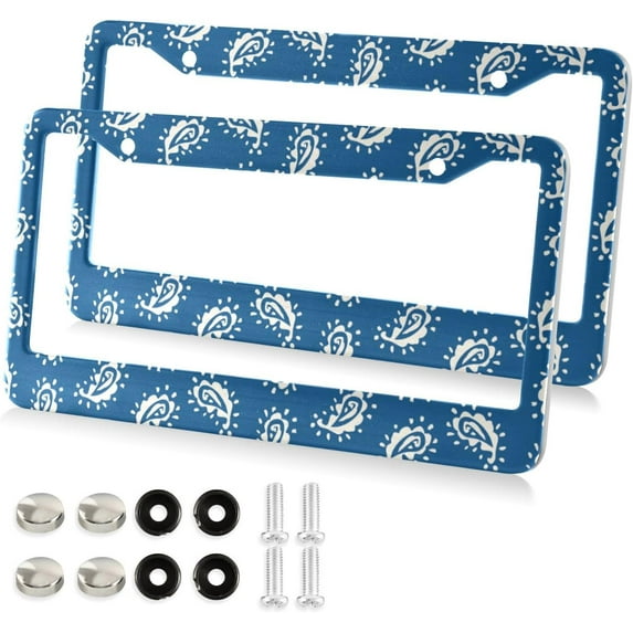 GZHJMY Paisley Flower Blue Indian Ethnic License Plate Frames for Women Men 2 pcs Personalized Car License Plate Holder with Screw Caps, Round Hole Decorative